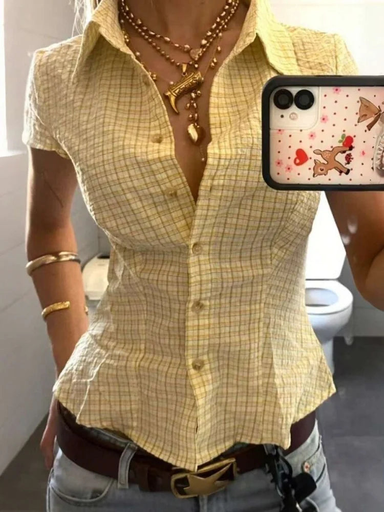 Y2K Plaid Short Sleeve Ruffled Hem Button Up Collared Shirt