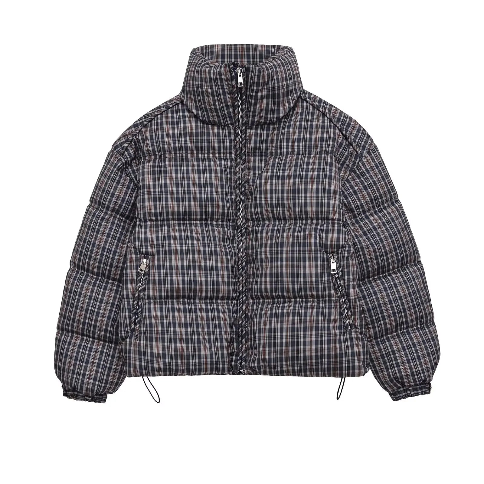 Y2K Plaid Stand Collar Padded Puffer Jacket Coat