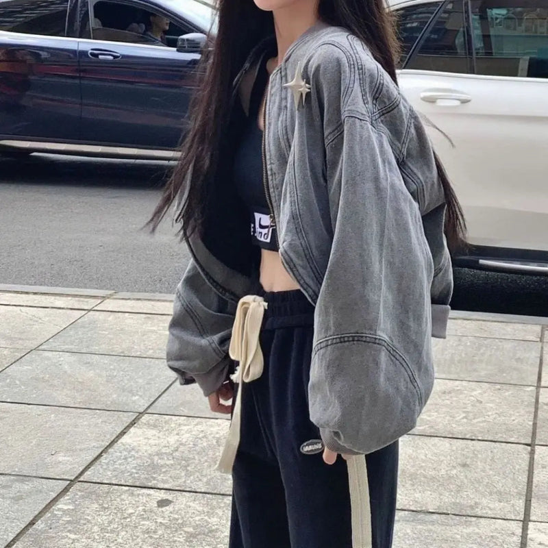 Y2K Pleated Baggy Cropped Denim Zip Up Jacket
