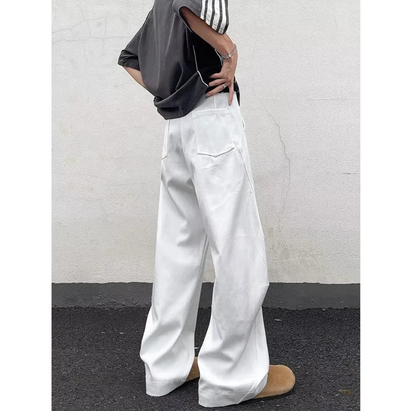 Y2K Pleated White Baggy Boot Cut Jeans