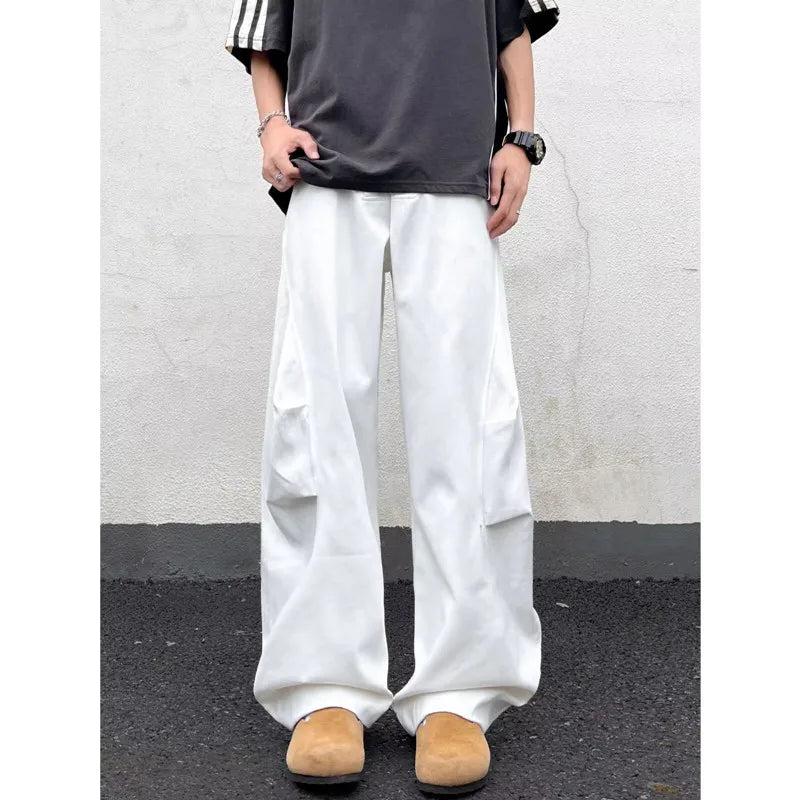 Y2K Pleated White Baggy Boot Cut Jeans