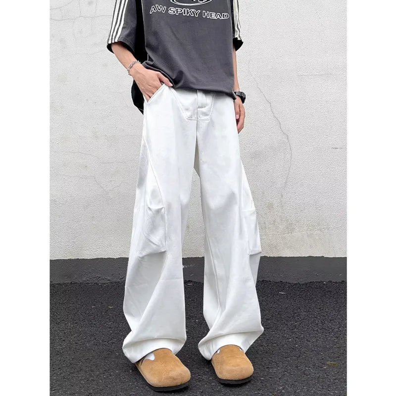 Y2K Pleated White Baggy Boot Cut Jeans