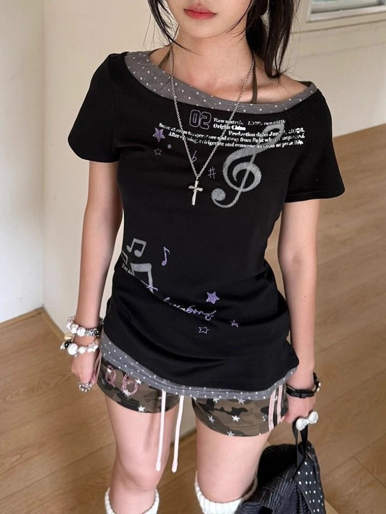 Y2K Polka Dot Hem Off Shoulder Top