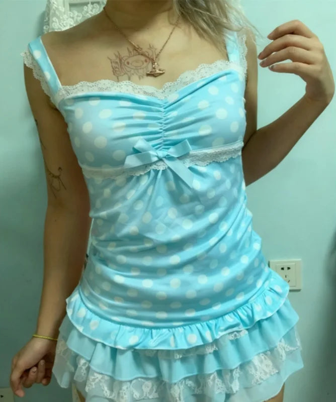 Y2K Preppy Ruffled Polka Dot Lace Trim Tank Top