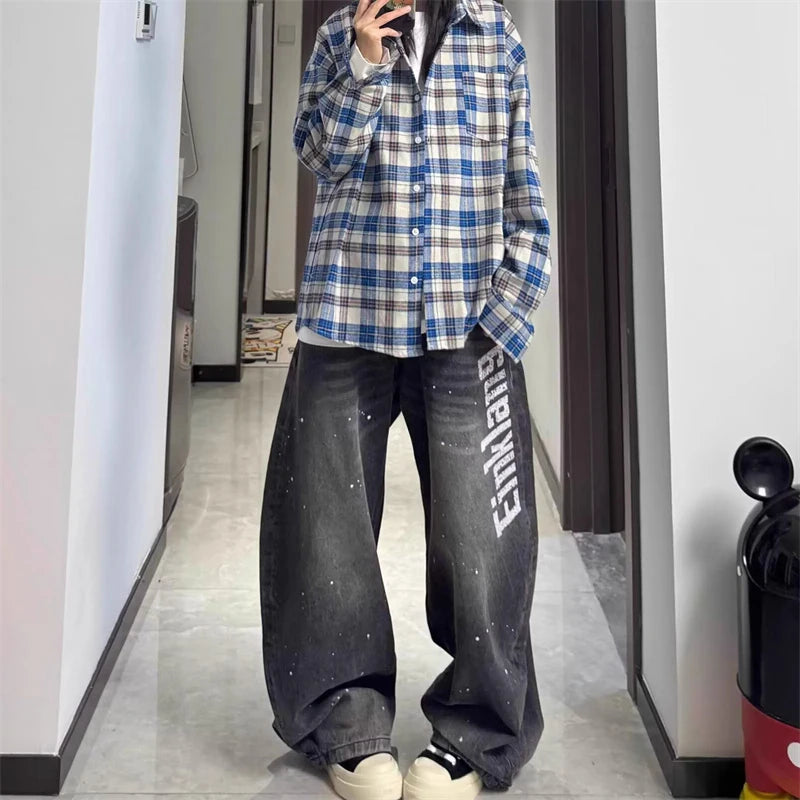 Y2K Printed Wide-Leg Distressed Jeans