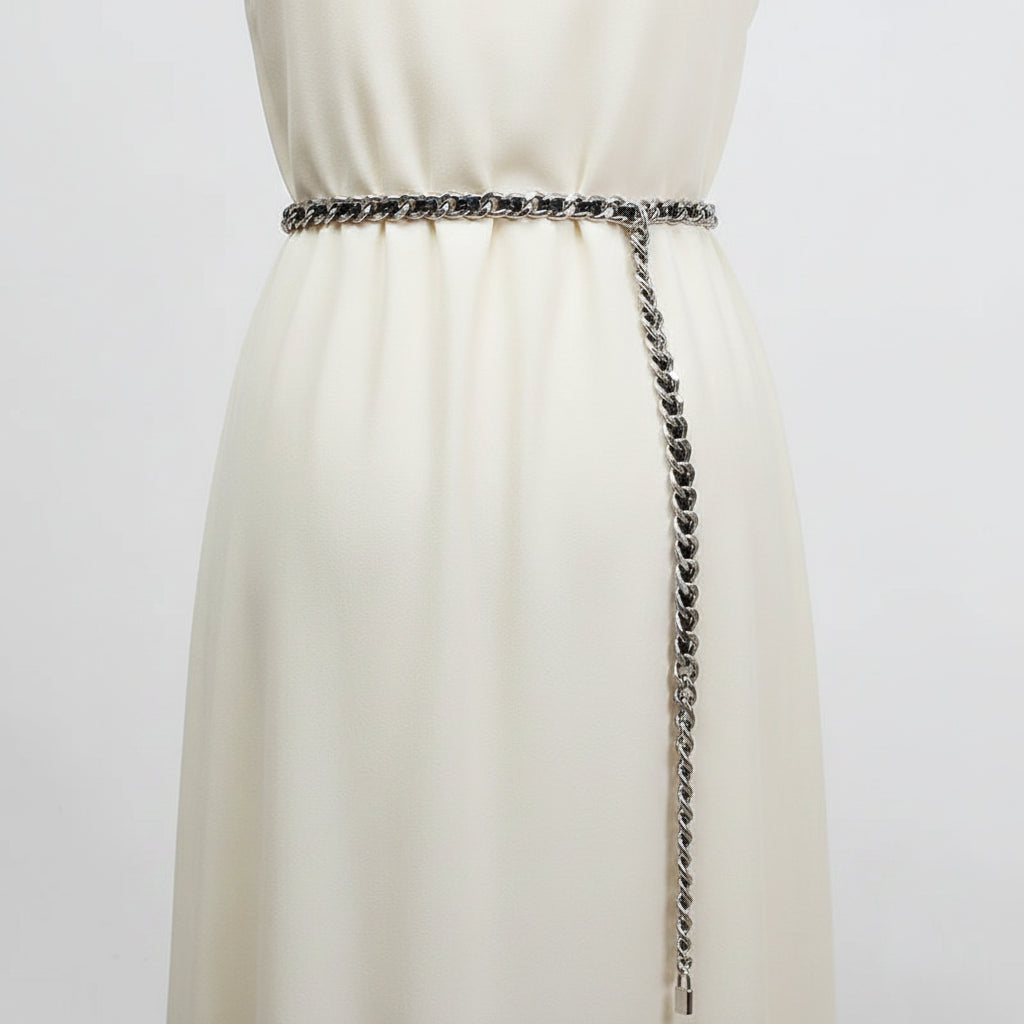 Y2K Pu Leather Black Metal Chain Long Body Belt