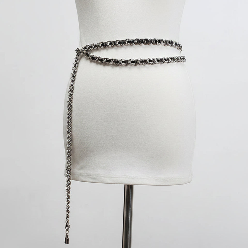 Y2K Pu Leather Black Metal Chain Long Body Belt