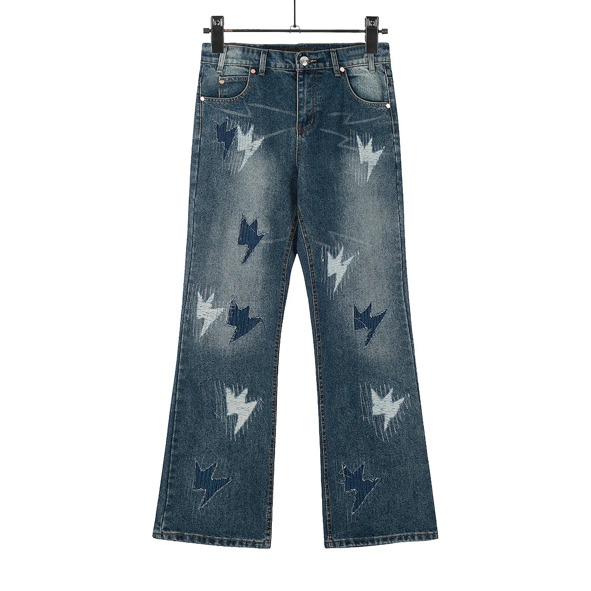 Y2K Pu Leather Patchwork Lightning Embroidery Washed Denim Jeans