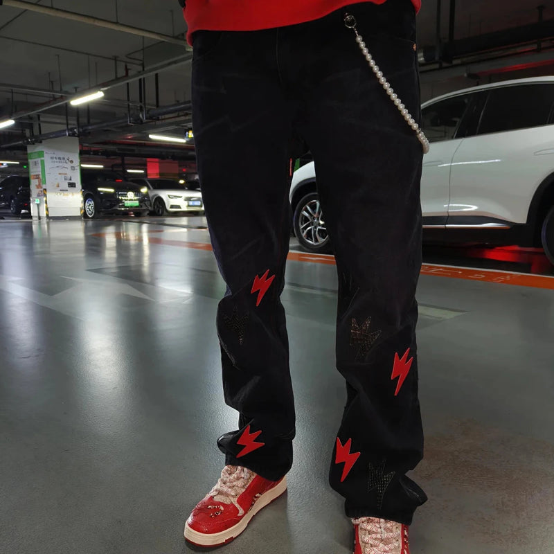 Y2K Pu Leather Patchwork Lightning Embroidery Washed Denim Jeans