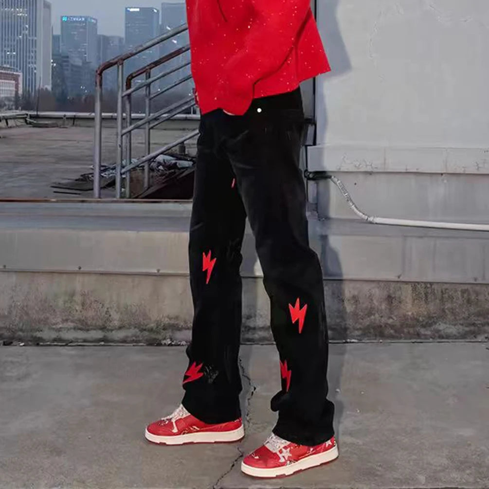 Y2K Pu Leather Patchwork Lightning Embroidery Washed Denim Jeans
