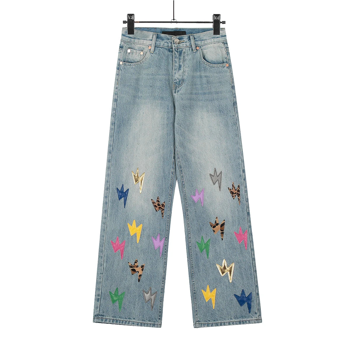 Y2K Pu Leather Patchwork Lightning Embroidery Washed Denim Jeans