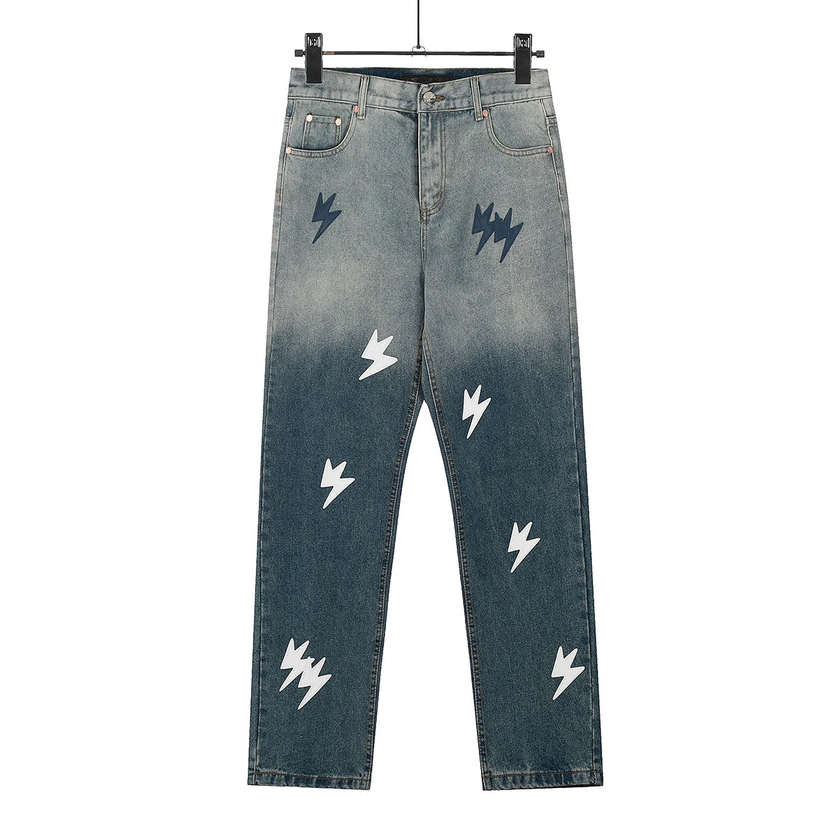 Y2K Pu Leather Patchwork Lightning Embroidery Washed Denim Jeans