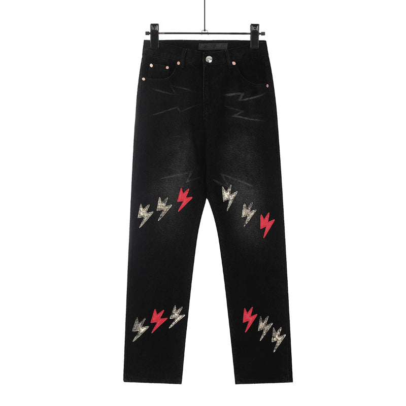 Y2K Pu Leather Patchwork Lightning Embroidery Washed Denim Jeans