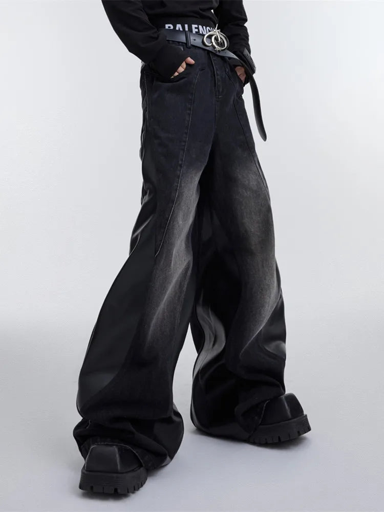 Y2K Pu Leather Patchwork Wide Leg Baggy Jeans