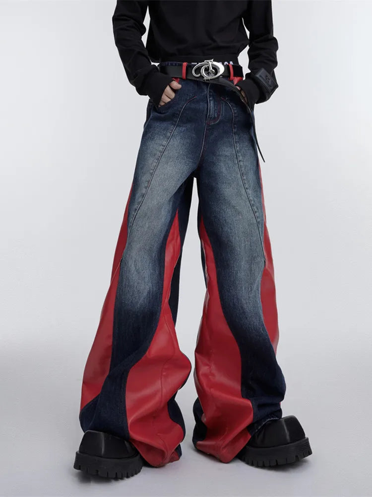 Y2K Pu Leather Patchwork Wide Leg Baggy Jeans