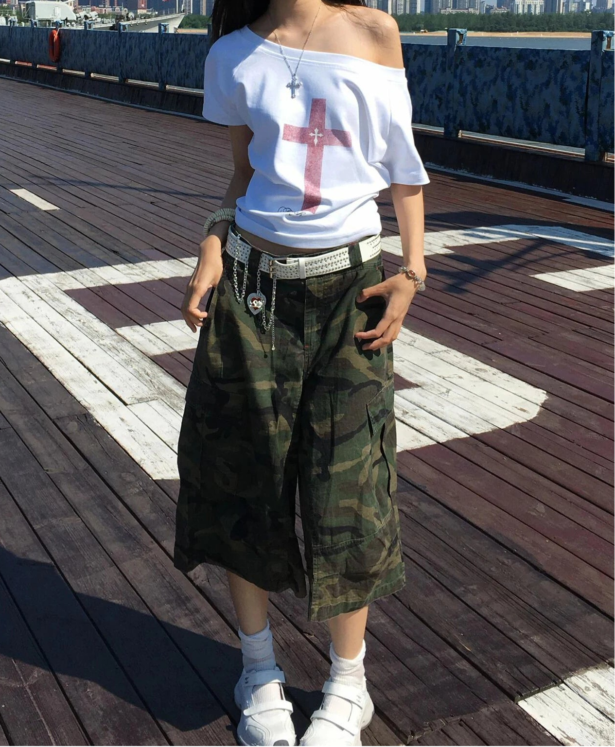 Y2K Red Cross Graphic Loose Off Shoulder Top