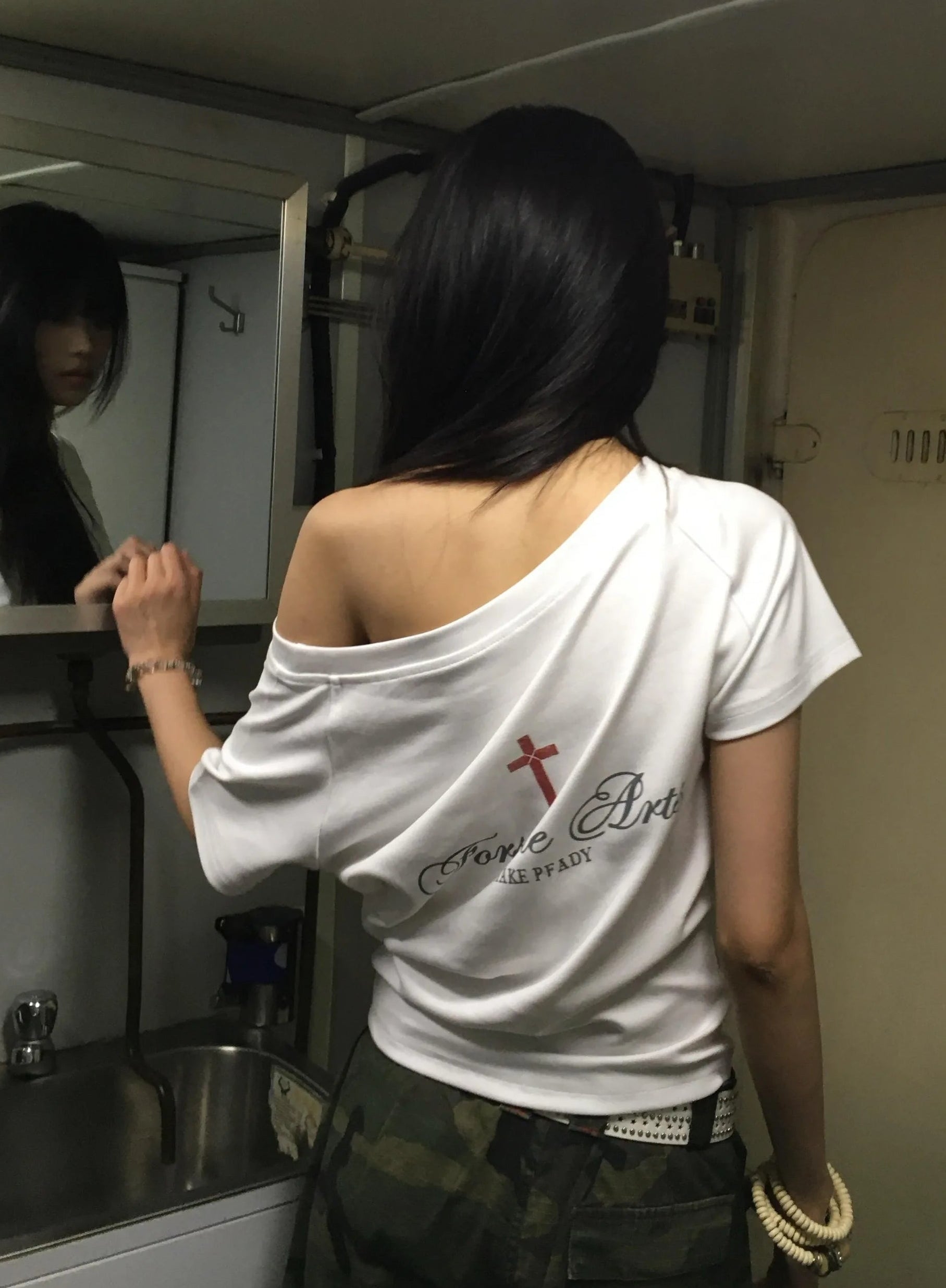 Y2K Red Cross Graphic Loose Off Shoulder Top