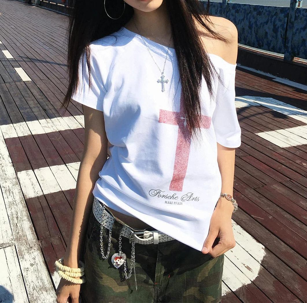 Y2K Red Cross Graphic Loose Off Shoulder Top