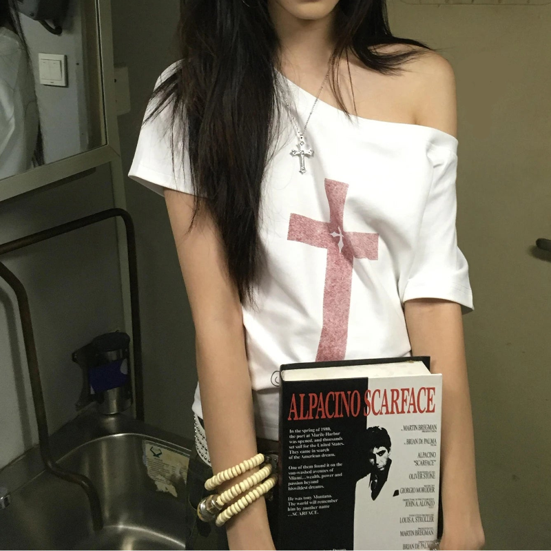Y2K Red Cross Graphic Loose Off Shoulder Top