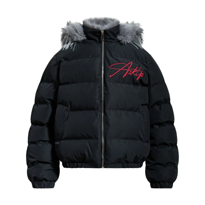 Y2K Red Letter Embroidered Faux Fut Hood Padded Jacket Coat
