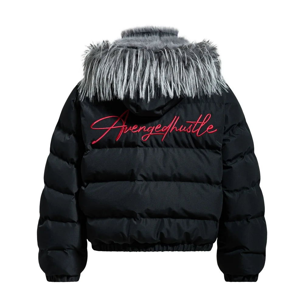 Y2K Red Letter Embroidered Faux Fut Hood Padded Jacket Coat