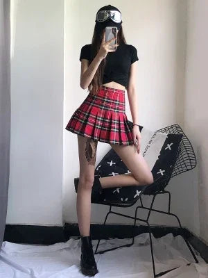 Y2K Red Pleated Plaid High Waist Mini Skirt