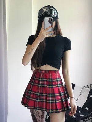 Y2K Red Pleated Plaid High Waist Mini Skirt