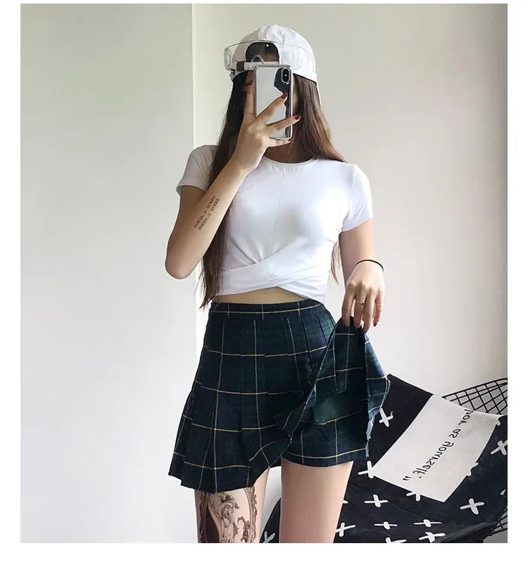 Y2K Red Pleated Plaid High Waist Mini Skirt