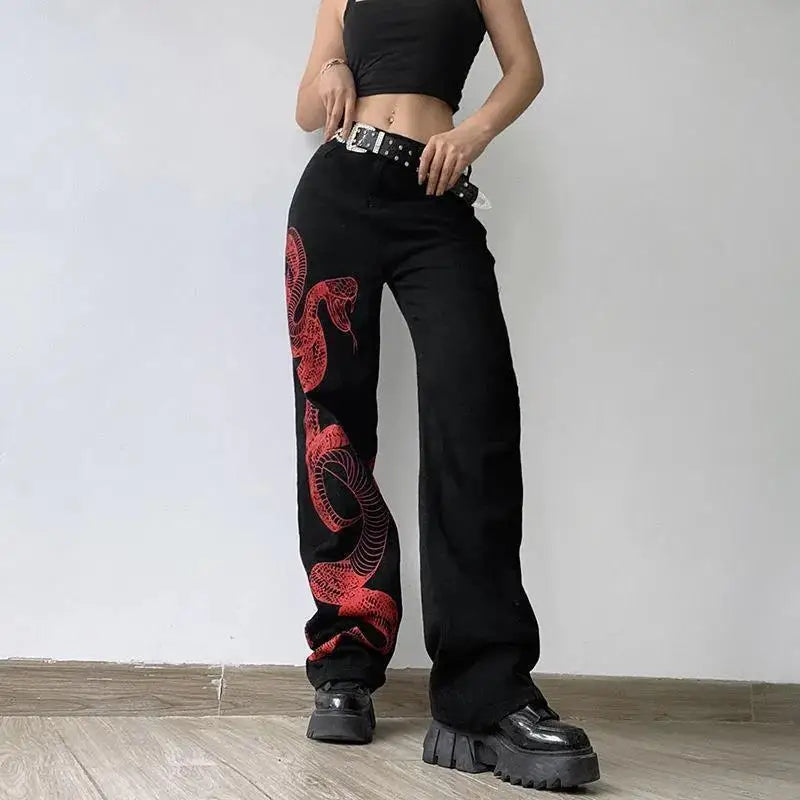 Y2K Red Snake Print Graphic Jeans