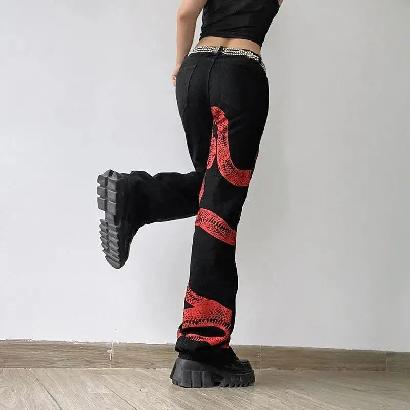 Y2K Red Snake Print Graphic Jeans