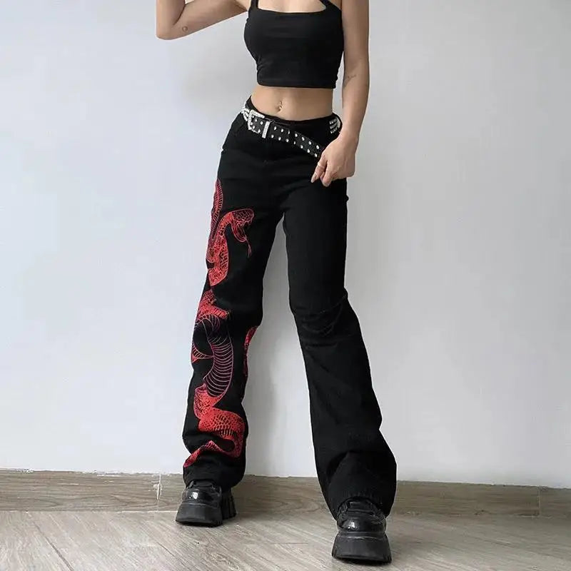 Y2K Red Snake Print Graphic Jeans