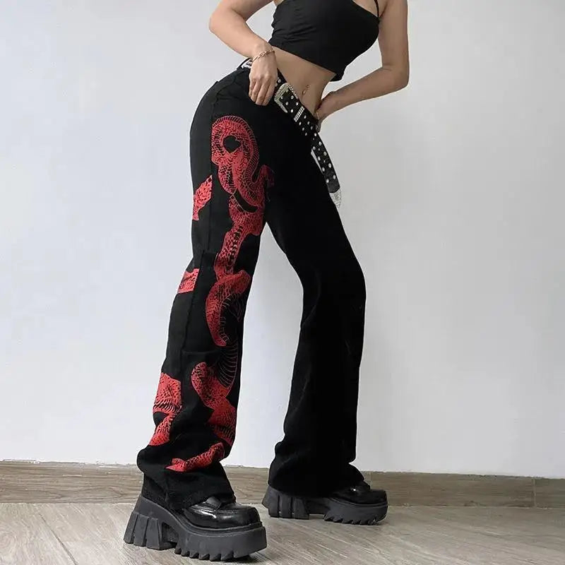 Y2K Red Snake Print Graphic Jeans