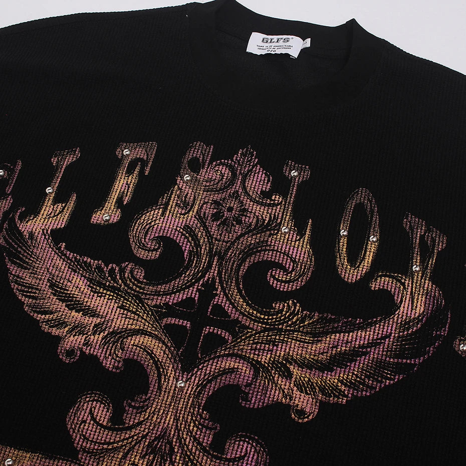 Y2K "Regal" Rivet Graphic Long Sleeve Top