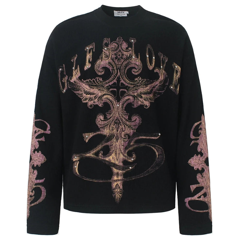 Y2K "Regal" Rivet Graphic Long Sleeve Top