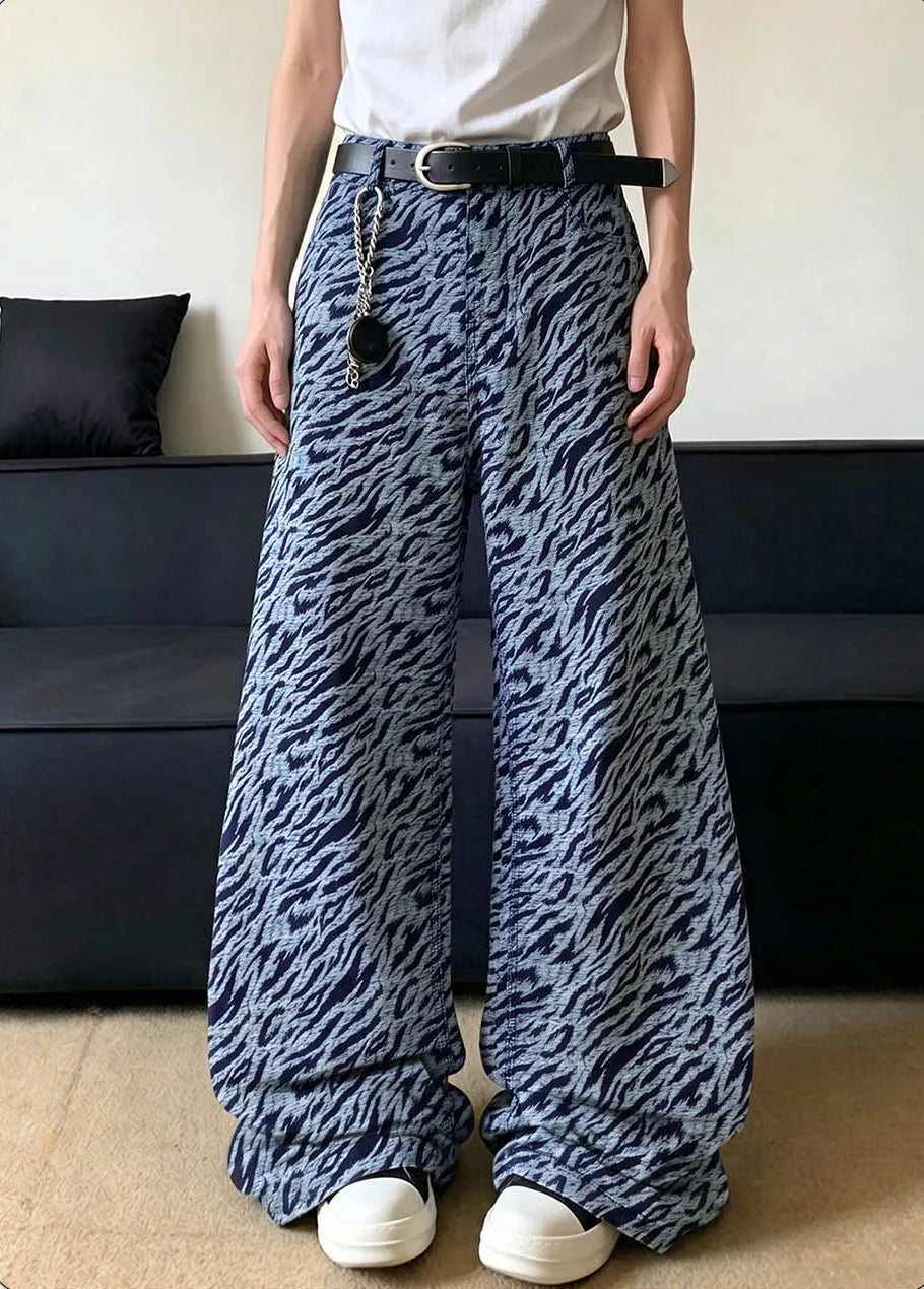 Y2K Retro Blue Jacquard Zebra Baggy Denim Barrel Jeans