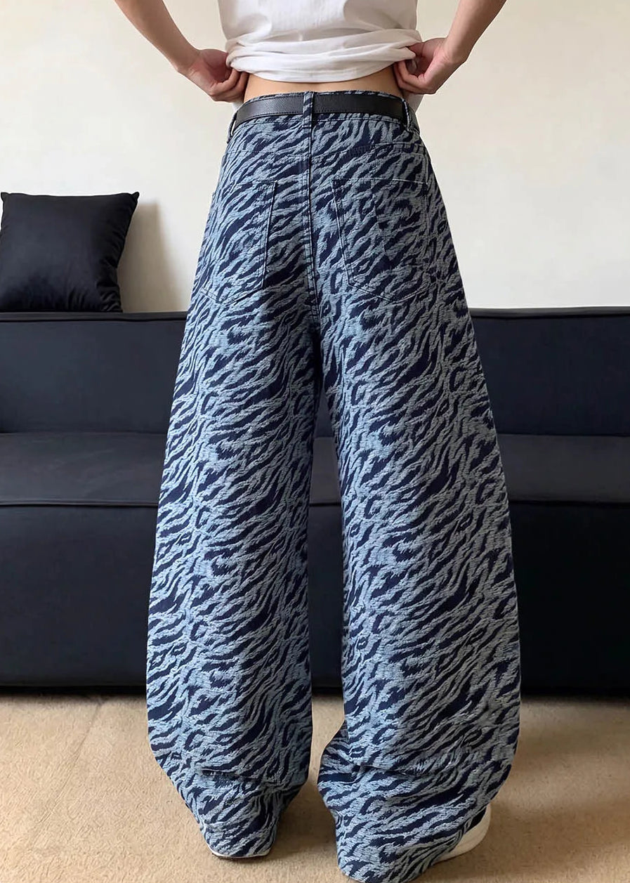 Y2K Retro Blue Jacquard Zebra Baggy Denim Barrel Jeans