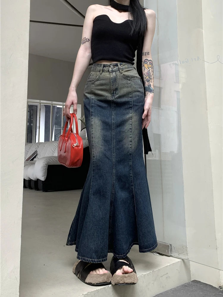 Y2K Retro Blue Mermaid Fishtail Denim Long Maxi Skirt