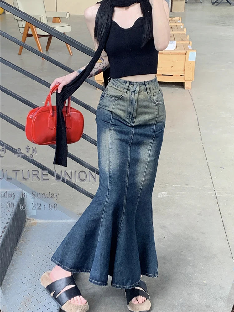 Y2K Retro Blue Mermaid Fishtail Denim Long Maxi Skirt