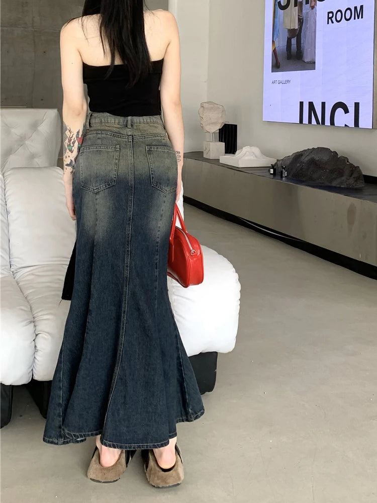 Y2K Retro Blue Mermaid Fishtail Denim Long Maxi Skirt