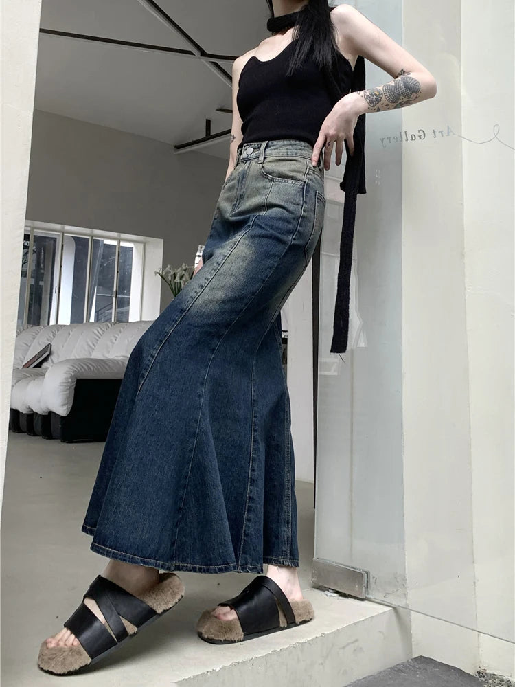 Y2K Retro Blue Mermaid Fishtail Denim Long Maxi Skirt