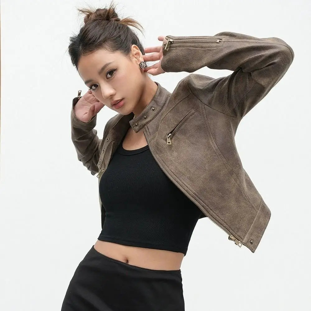 Y2K Retro Brown Suede Leather Jacket
