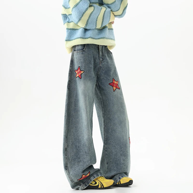 Y2K Retro Embroidered Star Patchwork Baggy Barrel Jeans