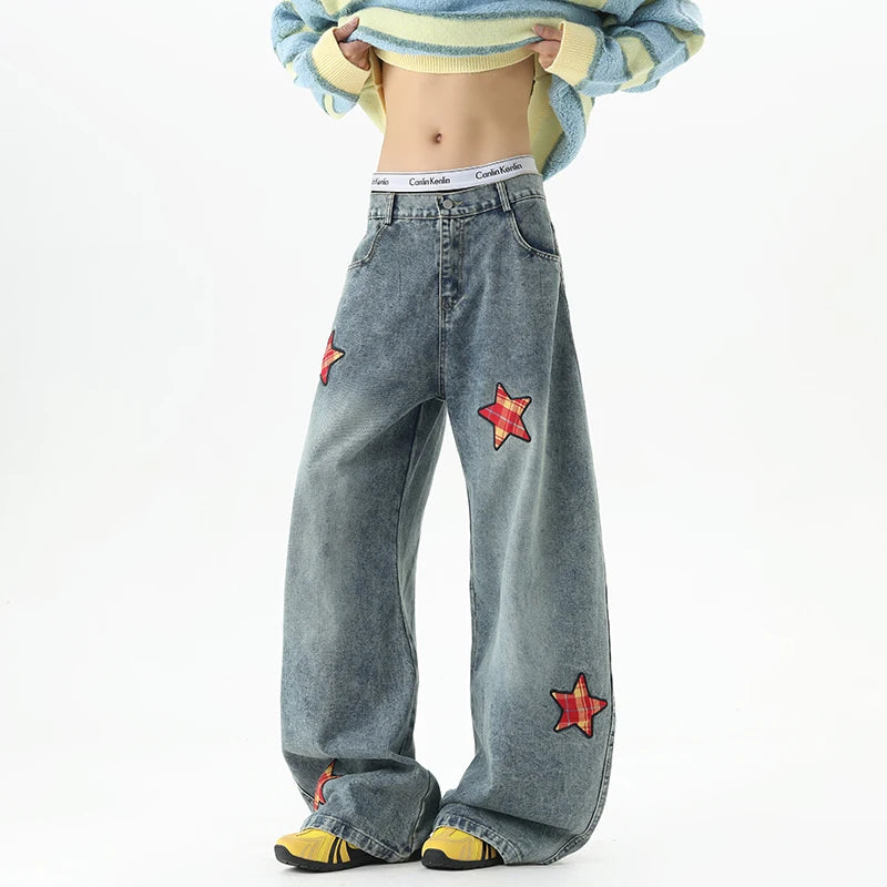 Y2K Retro Embroidered Star Patchwork Baggy Barrel Jeans