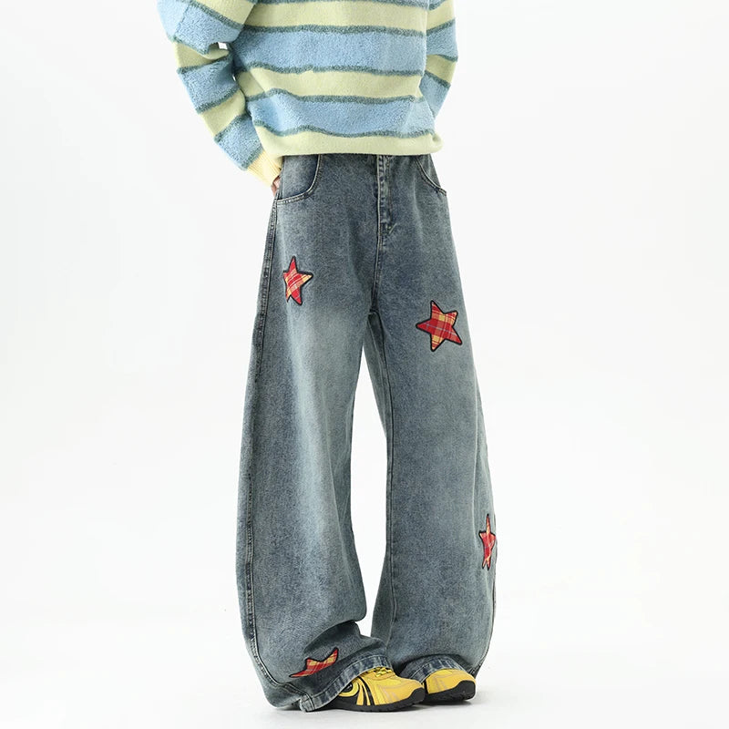 Y2K Retro Embroidered Star Patchwork Baggy Barrel Jeans