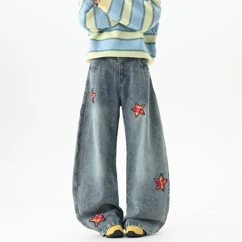 Y2K Retro Embroidered Star Patchwork Baggy Barrel Jeans