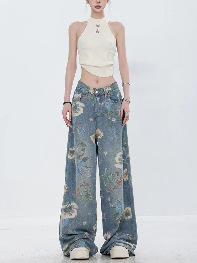 Y2K Retro Floral Denim Mopping Jeans