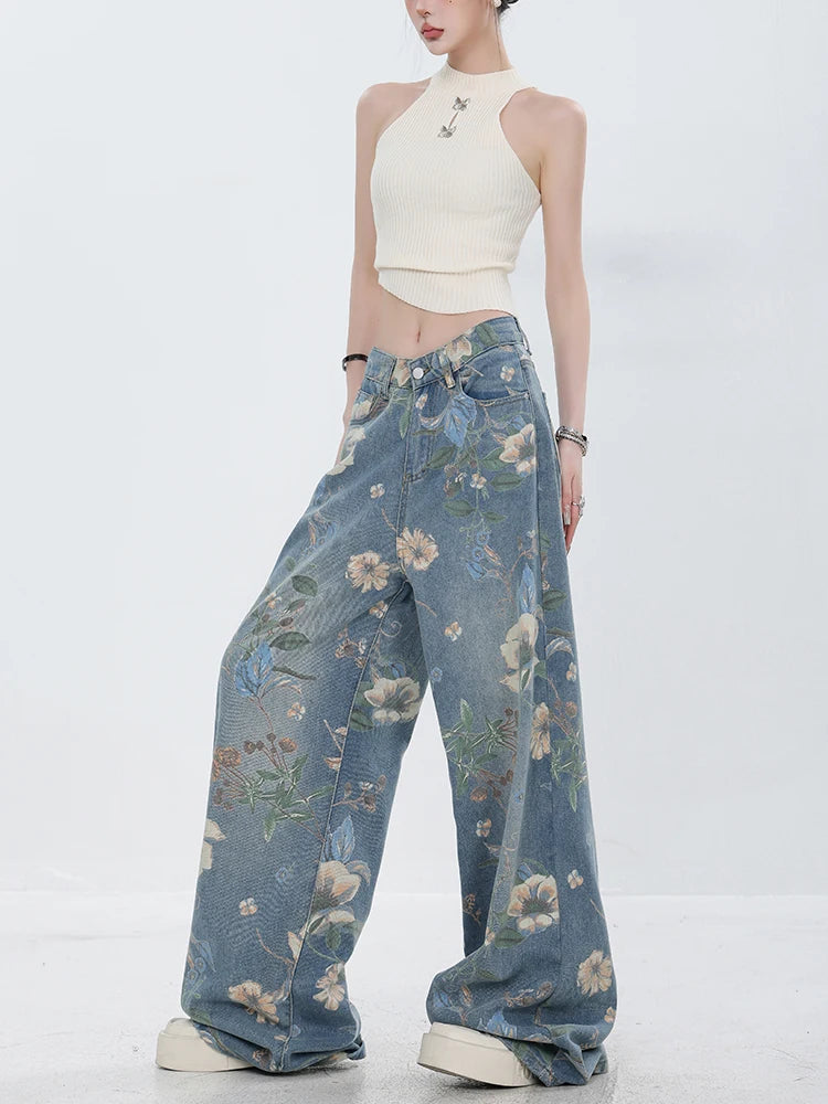 Y2K Retro Floral Denim Mopping Jeans