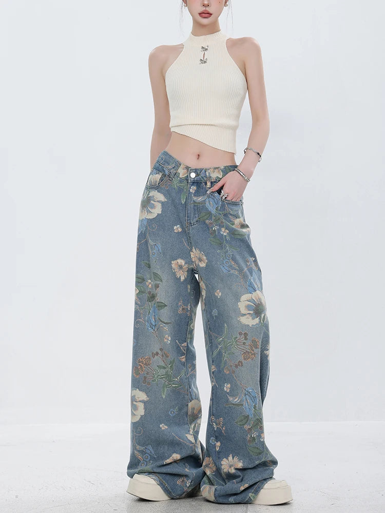 Y2K Retro Floral Denim Mopping Jeans