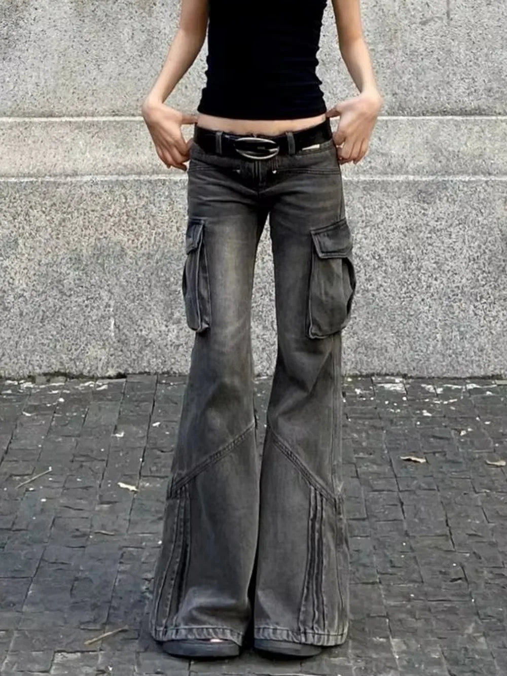 Y2K Retro Low Waist Cargo Slim Flare Jeans