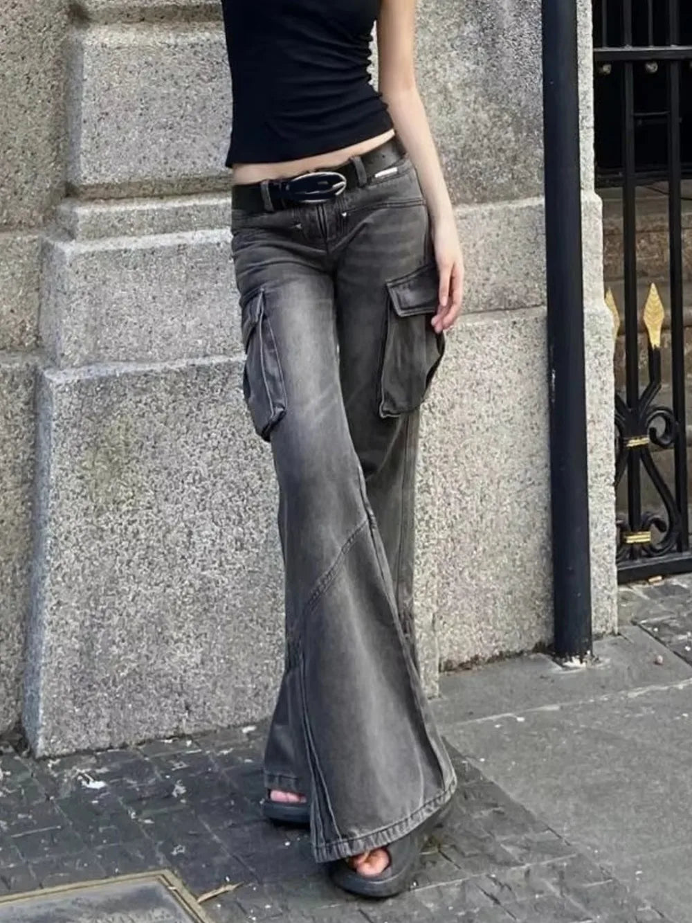 Y2K Retro Low Waist Cargo Slim Flare Jeans